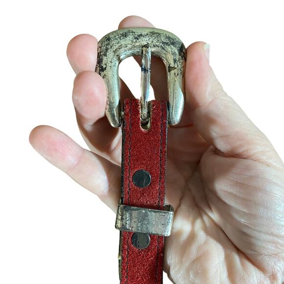 Vintage Red Suede Southwestern Concho Belt Silver Animal Symbols - Picture 11 of 12